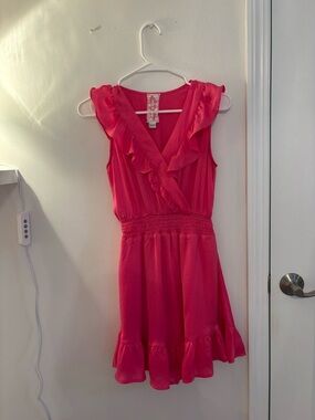 Francesca's Collections Hot Pink Ruffle V-Neck Casual Dress